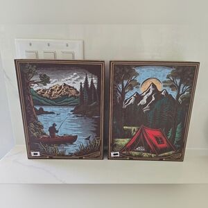Camping Fishing Retro Vibe Artwork Wood‎ Box Wall Hanging Set Of Two New